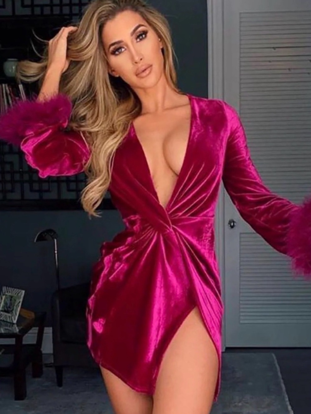 Fashion Nova Hot Pink Velvet Mini Dress with Feather Cuffs